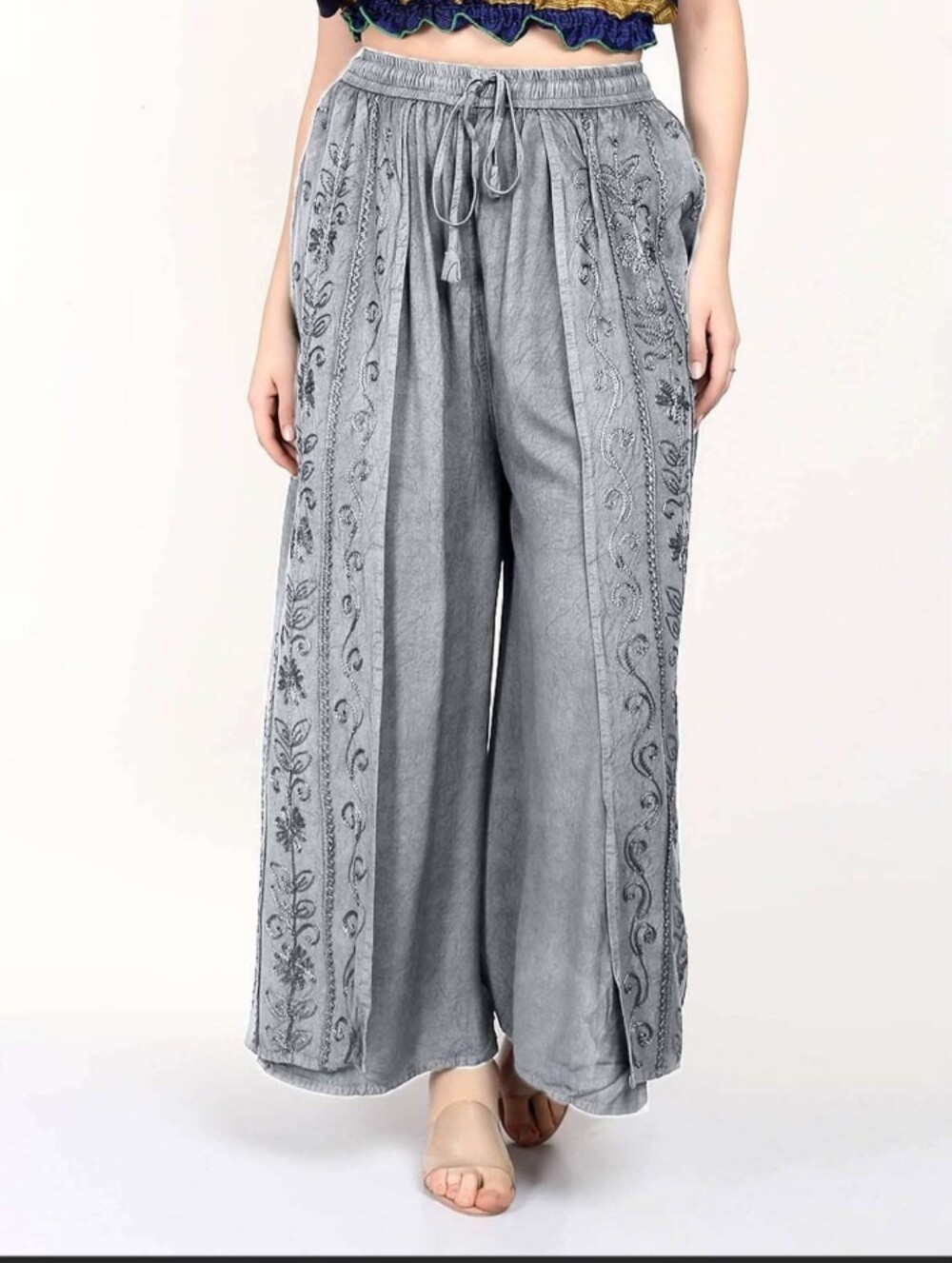 Stonewashed Embroidered Split Wide-Leg Drawstring Pants - Gray